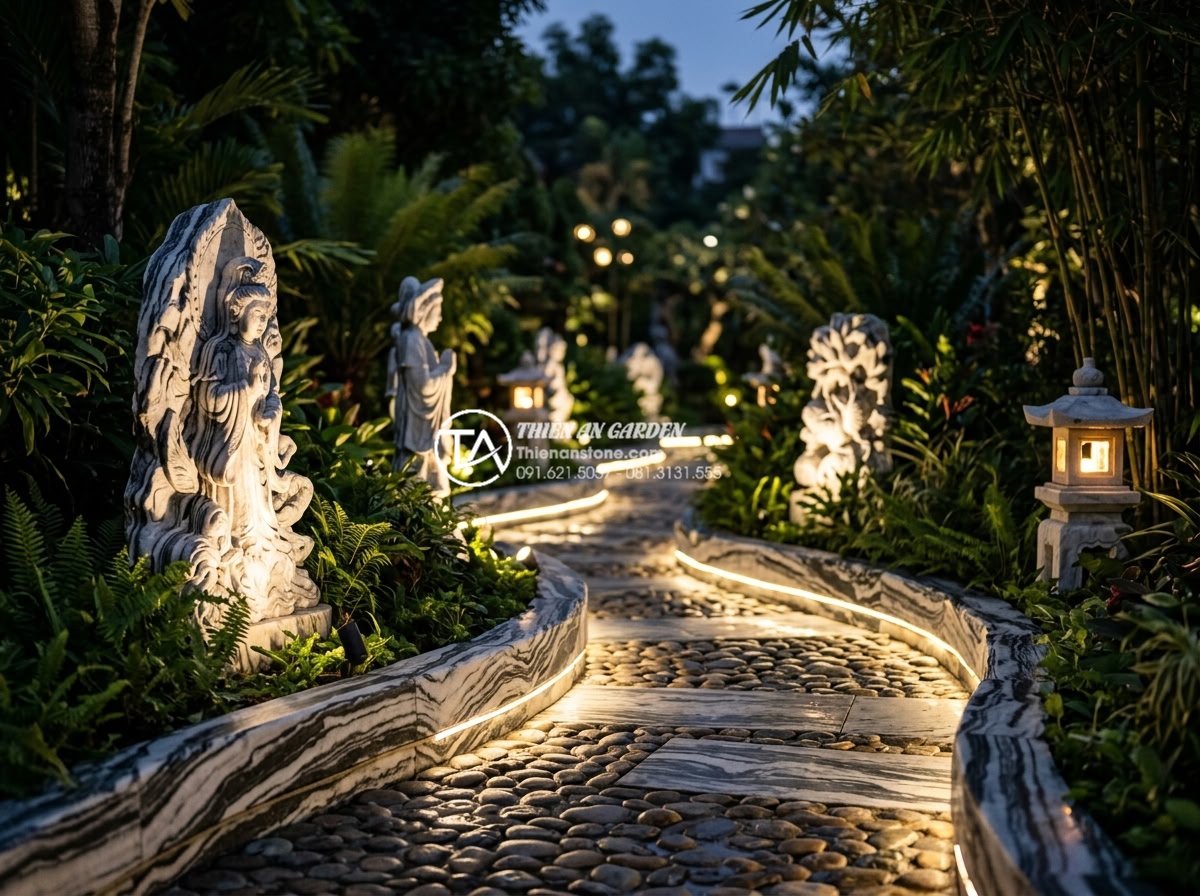 Ứng dụng đèn led trang trí cho tiểu cảnh sân vườn lung linh về đêm - Elegant LED accent lighting on carved stone sculptures and lush garden path glow