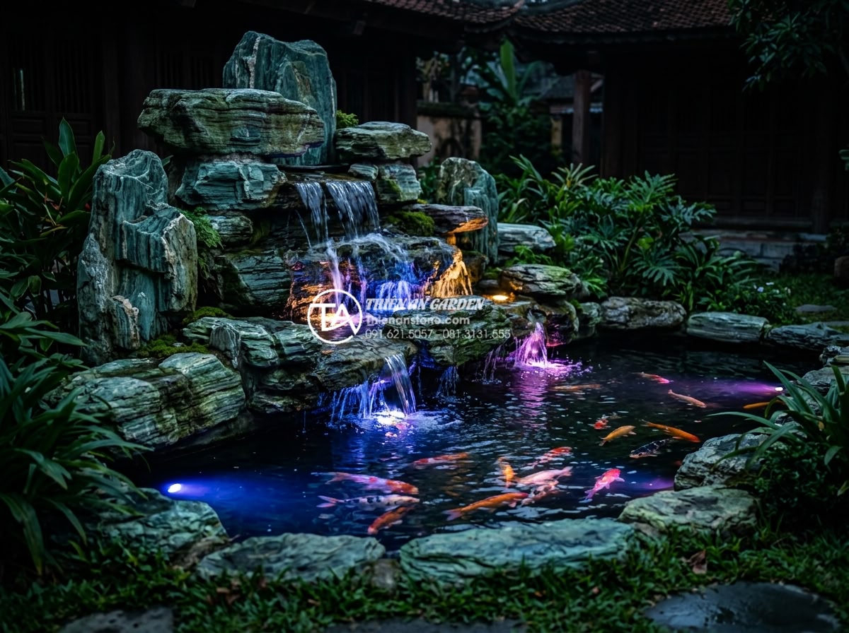 Ứng dụng đèn led trang trí cho tiểu cảnh sân vườn lung linh về đêm - Dramatic LED underwater lights highlighting koi pond and stone waterfall at nigh
