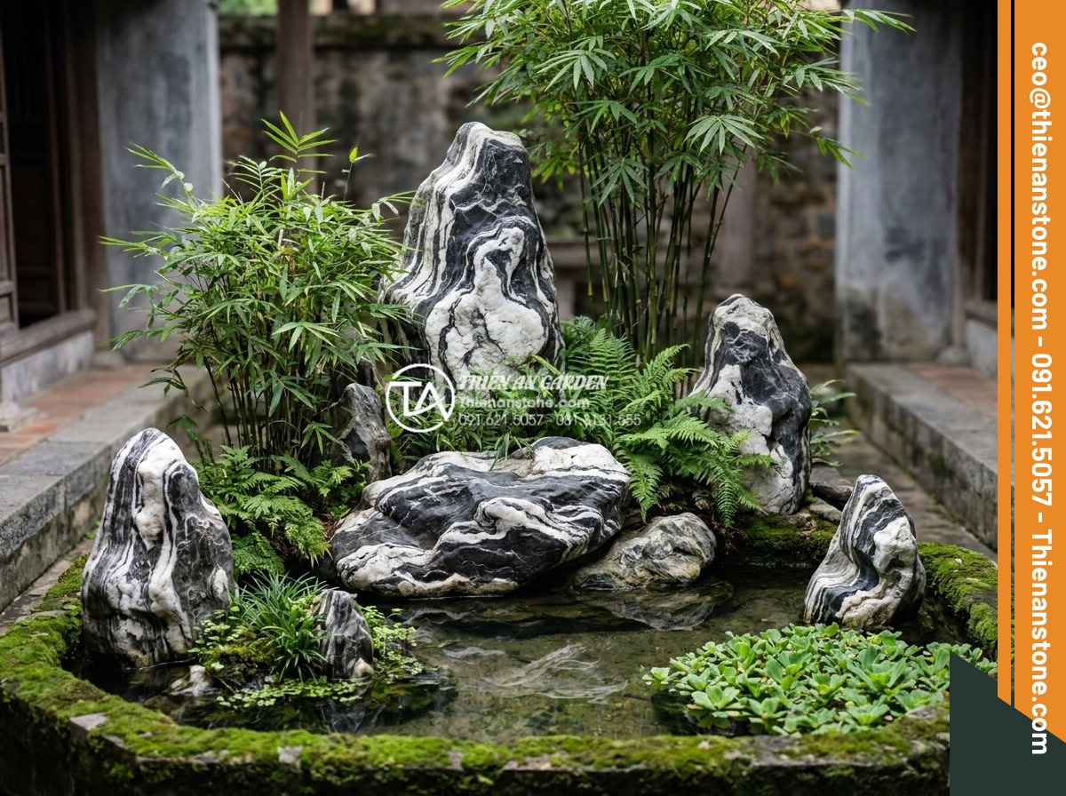 Xu hướng sử dụng đá tuyết sơn trong kiến trúc cảnh quan 2026 - Hình 5 Xu hướng sử dụng đá tuyết sơn trong kiến trúc cảnh quan 2026 - Feng shui landscape arrangement using Tuyet Son stone elements with water featur