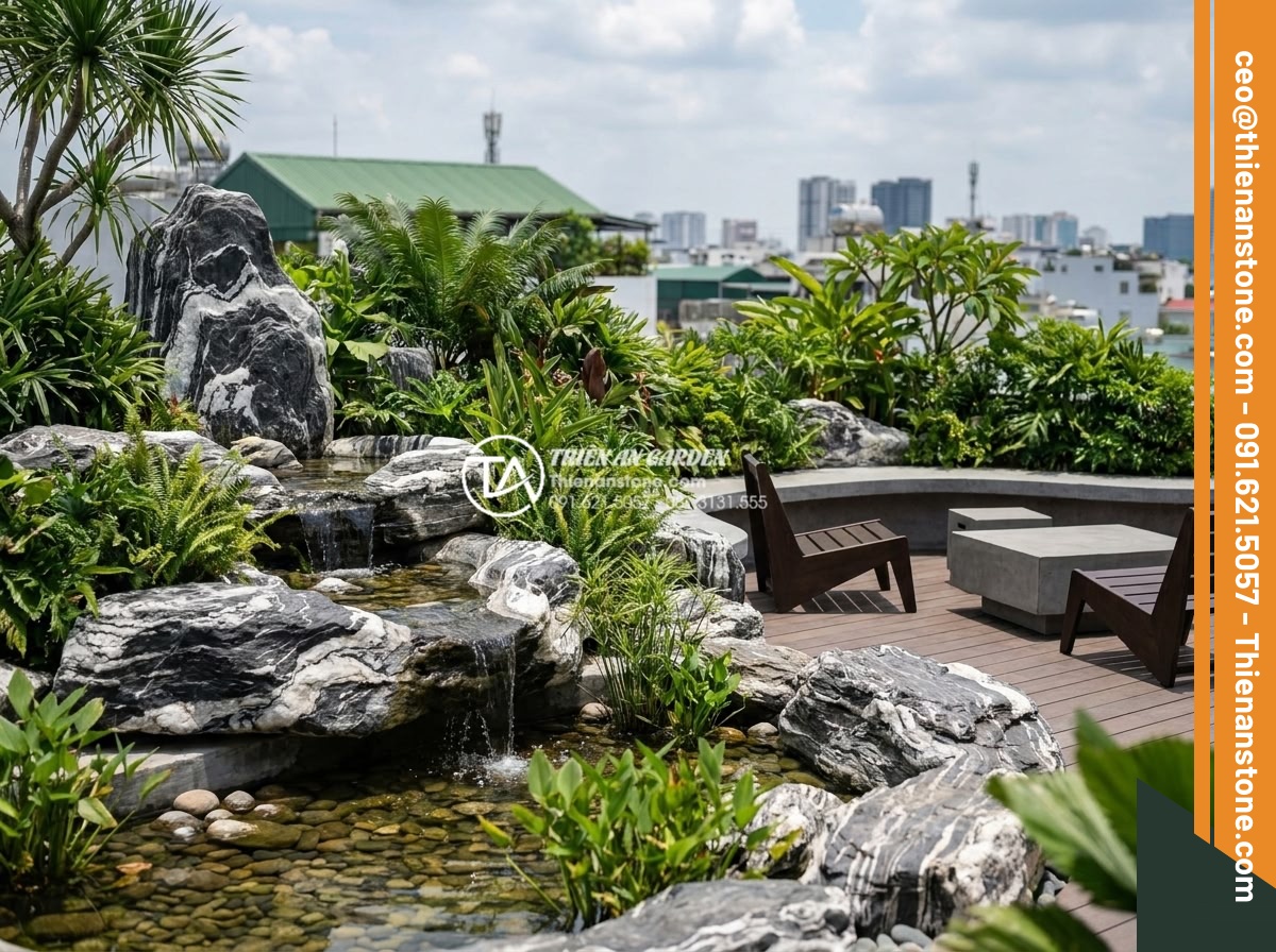Xu hướng sử dụng đá tuyết sơn trong kiến trúc cảnh quan 2026 - Hình 2 Xu hướng sử dụng đá tuyết sơn trong kiến trúc cảnh quan 2026 - Trendy 2026 stone landscape with Tuyet Son rock formations creating biophilic de