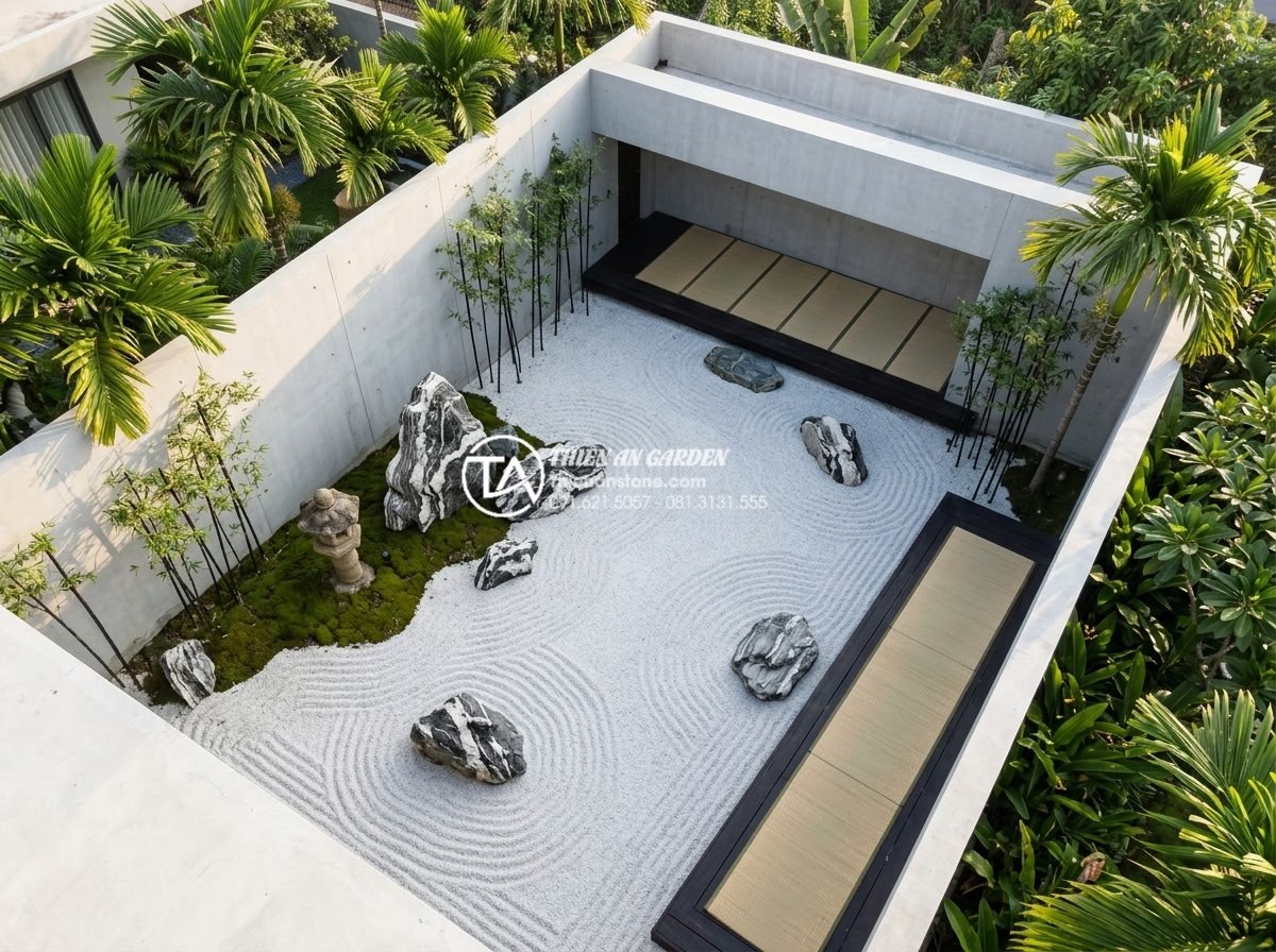 Xu hướng tiểu cảnh góc sân vườn kiểu Nhật (Zen Garden) tĩnh tại - Aerial view of a modern Vietnamese villa courtyard featuring a authentic Japanes