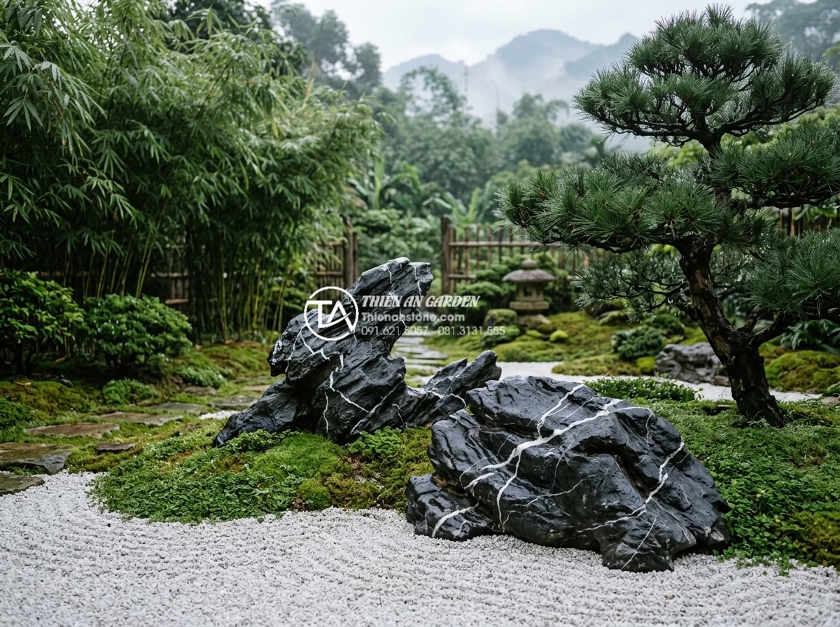 Xu hướng tiểu cảnh góc sân vườn kiểu Nhật (Zen Garden) tĩnh tại - Long term maintenance scene of a mature Japanese Zen garden showing perfectly ma
