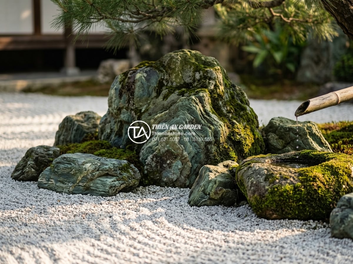 Xu hướng tiểu cảnh góc sân vườn kiểu Nhật (Zen Garden) tĩnh tại - Close-up detail of authentic Japanese karesansui dry landscape garden showing wh