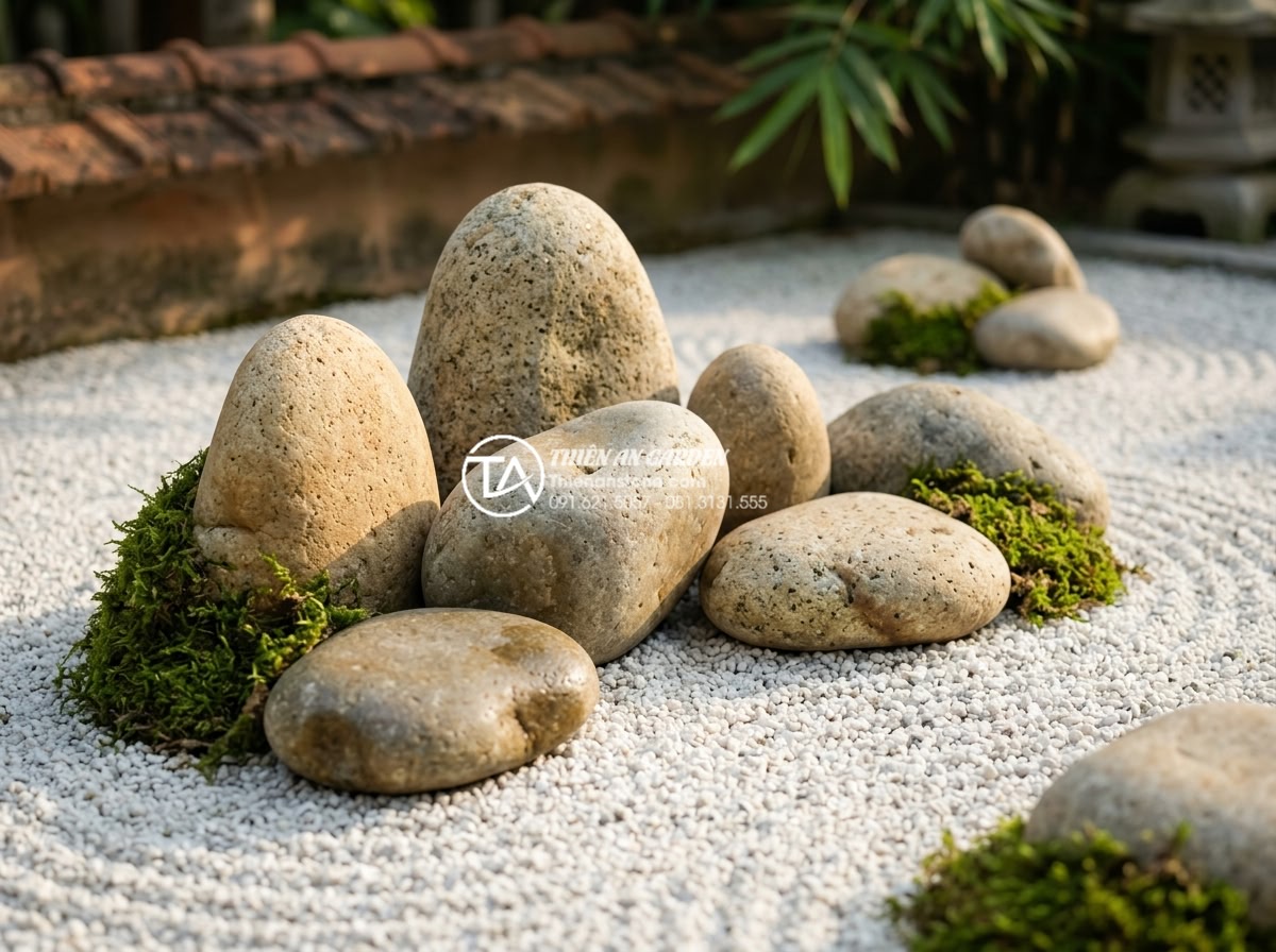 Xu hướng tiểu cảnh góc sân vườn kiểu Nhật (Zen Garden) tĩnh tại - Professional close-up of premium natural granite stones for Japanese Zen garden 