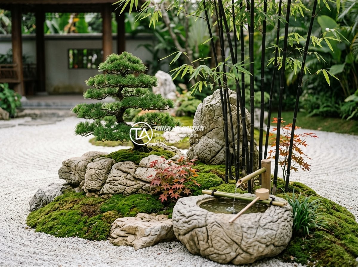 Xu hướng tiểu cảnh góc sân vườn kiểu Nhật (Zen Garden) tĩnh tại - Beautiful Japanese Zen garden plant arrangement featuring elegant black bamboo s