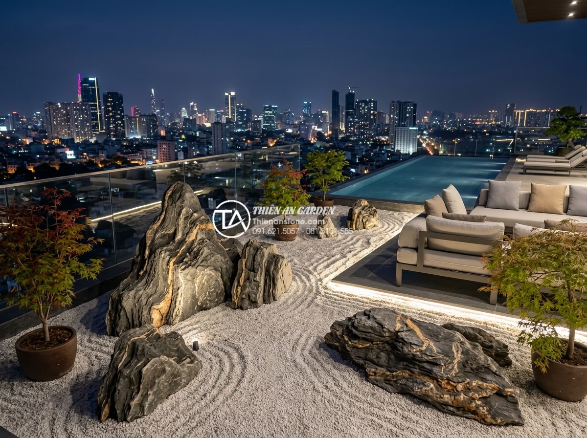 Xu hướng tiểu cảnh góc sân vườn kiểu Nhật (Zen Garden) tĩnh tại - Luxurious modern villa rooftop Zen garden seamlessly integrated with infinity po