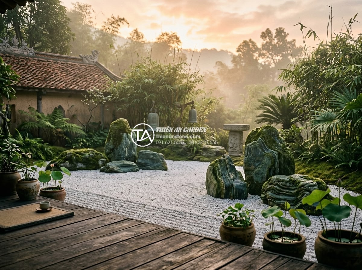 Xu hướng tiểu cảnh góc sân vườn kiểu Nhật (Zen Garden) tĩnh tại - Peaceful Japanese Zen garden at sunrise with soft golden light illuminating rake