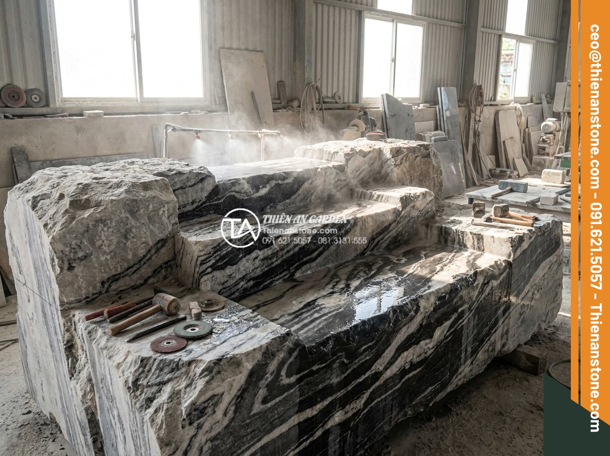Ý tưởng thiết kế thác nước mini bằng đá tuyết sơn cho ban công - High-resolution professional photograph of premium white snow stone (đá tuyết sơ