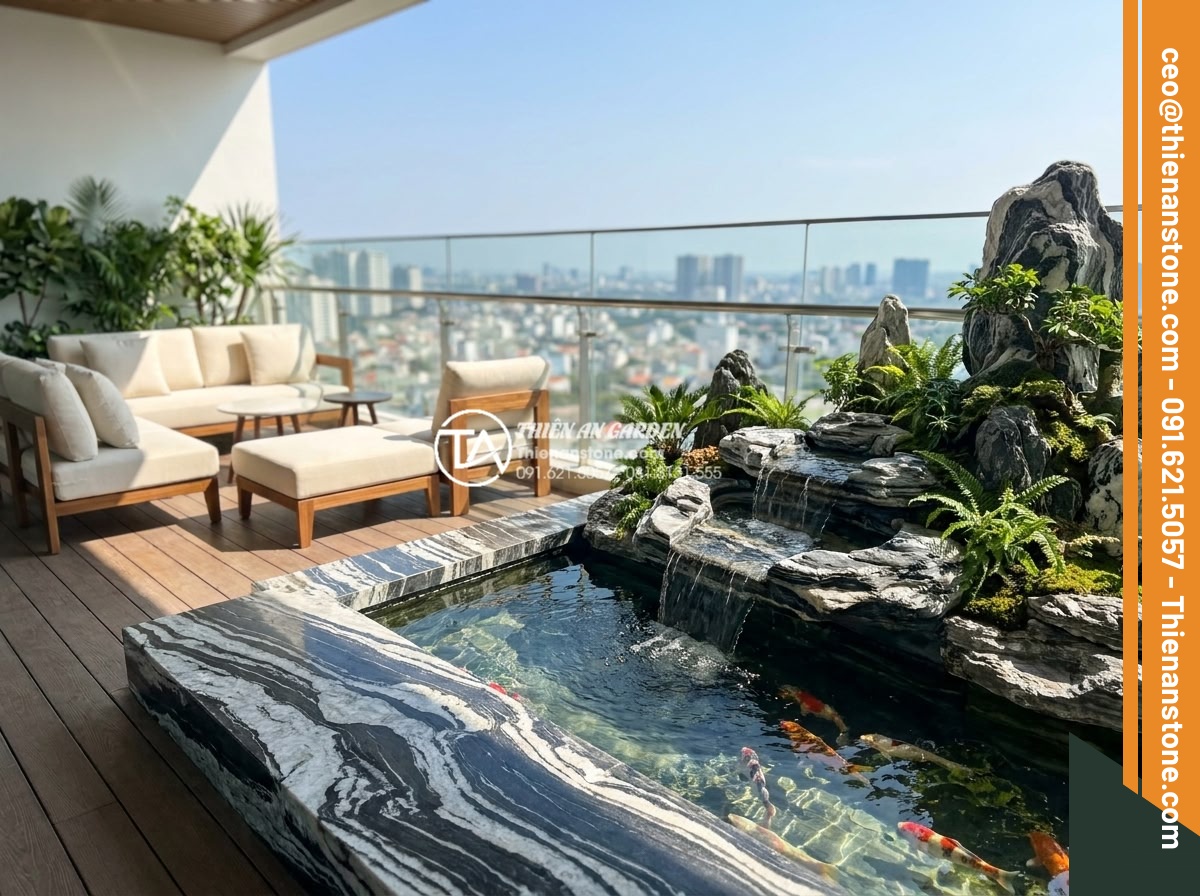 Ý tưởng thiết kế thác nước mini bằng đá tuyết sơn cho ban công - Photorealistic image of a spacious luxury balcony with a multi-tiered snow stone