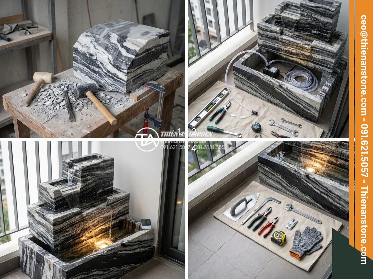 Ý tưởng thiết kế thác nước mini bằng đá tuyết sơn cho ban công - Documentary-style high-resolution photo series showing professional installation