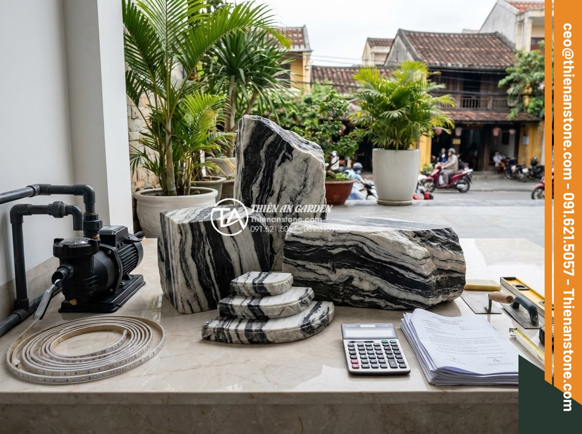 Ý tưởng thiết kế thác nước mini bằng đá tuyết sơn cho ban công - Professional infographic-style realistic photo showing cost breakdown elements f