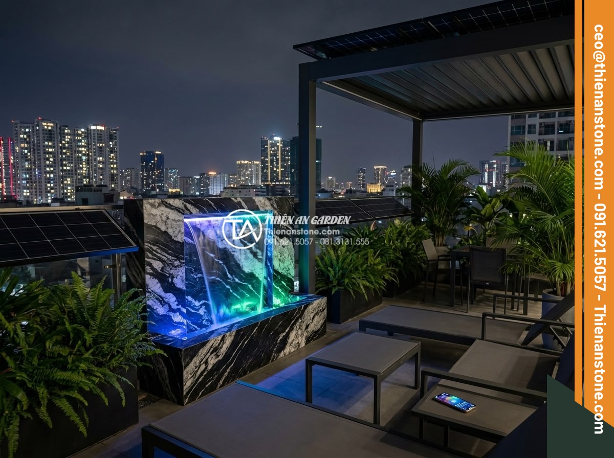Ý tưởng thiết kế thác nước mini bằng đá tuyết sơn cho ban công - Futuristic yet realistic rendering of a 2026 smart balcony with snow stone water