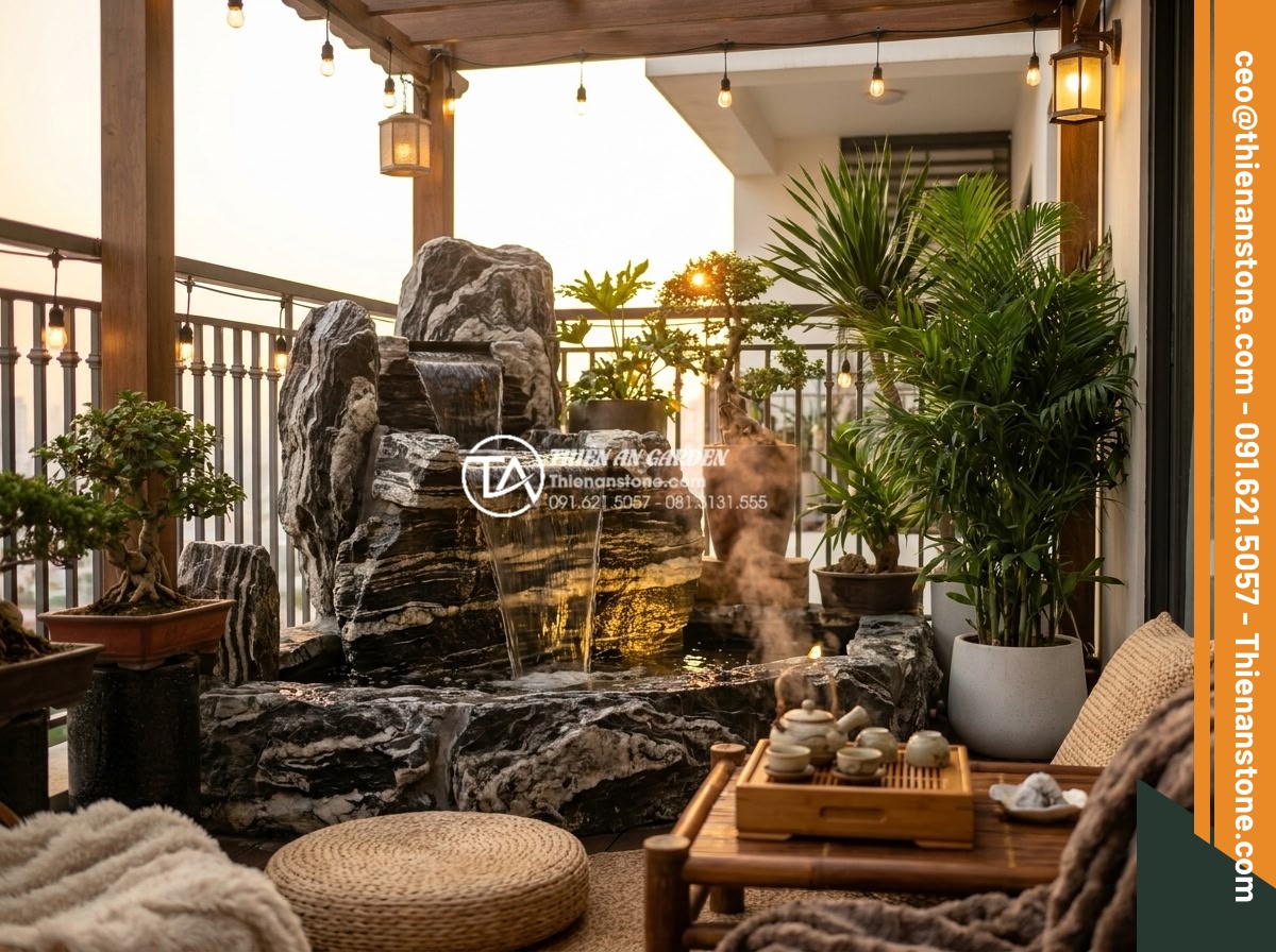 Ý tưởng thiết kế thác nước mini bằng đá tuyết sơn cho ban công - Warm and inviting final photograph of a beautifully completed snow stone mini wa