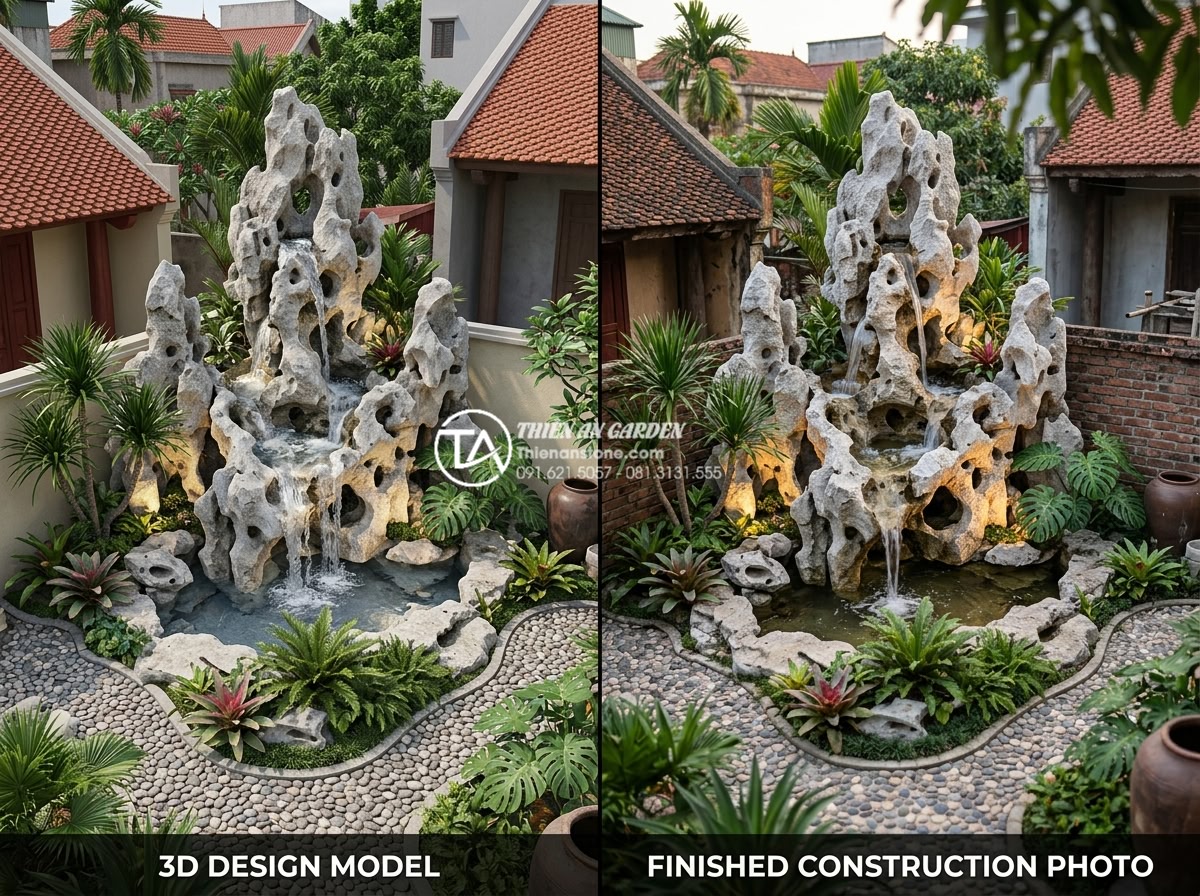 15 Ý tưởng tiểu cảnh sân sau mini cho không gian nhỏ hẹp dưới 10m2 - Hình 3 15 Ý tưởng tiểu cảnh sân sau mini cho không gian nhỏ hẹp dưới 10m2 - Detailed realistic rendering and actual photo comparison of a professional 3D de