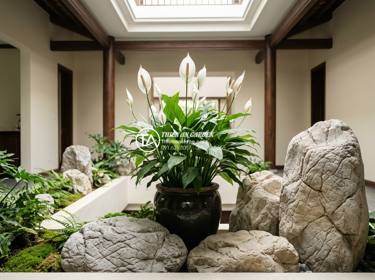 7 Loại cây trồng giếng trời ít ánh sáng cực dễ chăm sóc - Peace lily plant in full bloom inside a luxury house atrium with natural stone a