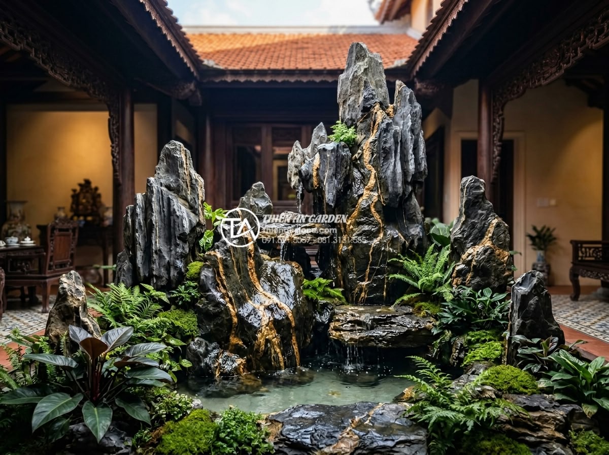 7 Loại cây trồng giếng trời ít ánh sáng cực dễ chăm sóc - Detailed view of a shaded sky well interior featuring stone sculptures, water fe