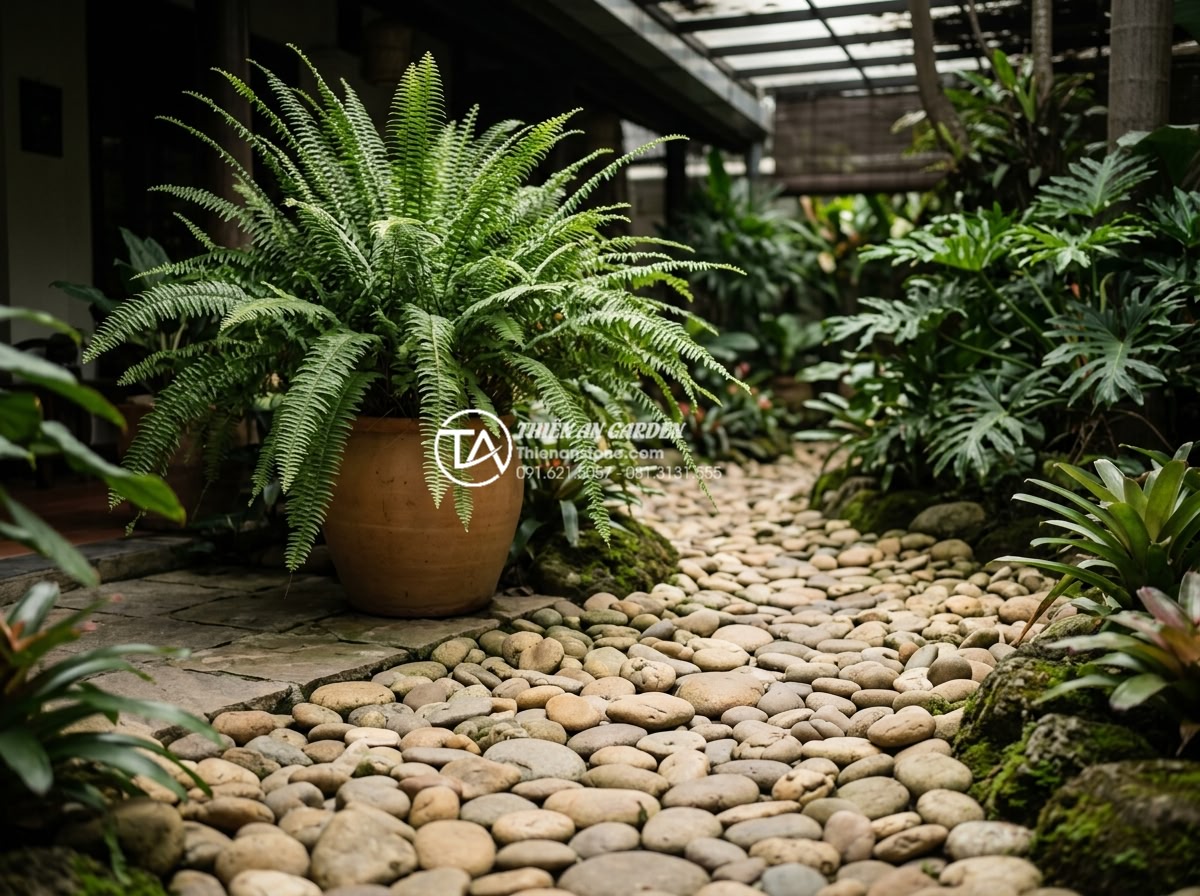 7 Loại cây trồng giếng trời ít ánh sáng cực dễ chăm sóc - Lush Boston fern plant in shaded atrium garden with natural stone pathways