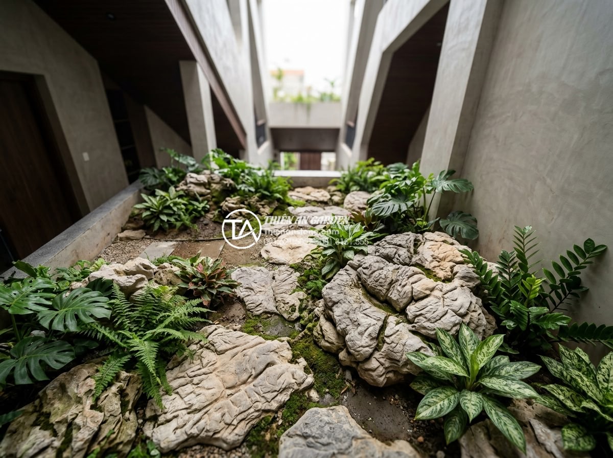 7 Loại cây trồng giếng trời ít ánh sáng cực dễ chăm sóc - Integrated design of low light plants and natural stone landscape in a modern sk
