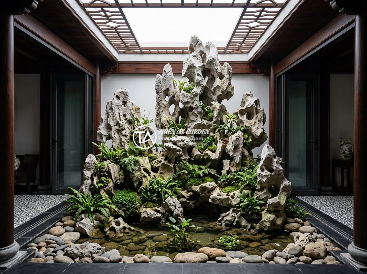 7 Loại cây trồng giếng trời ít ánh sáng cực dễ chăm sóc - Full view of professionally designed stone and plant sky well feature in luxury 