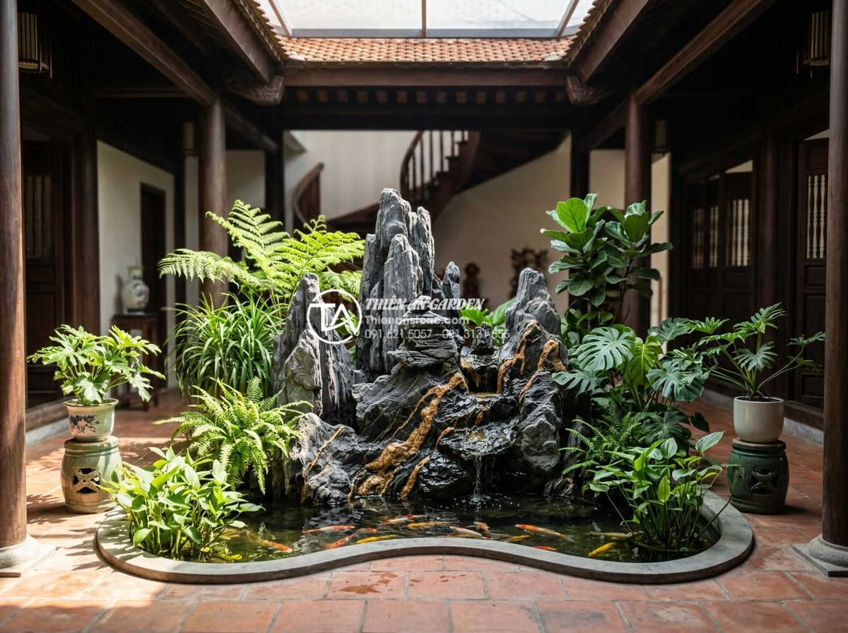 7 Loại cây trồng giếng trời ít ánh sáng cực dễ chăm sóc - Feng shui elements with plants and stone in atrium layout for positive energy fl