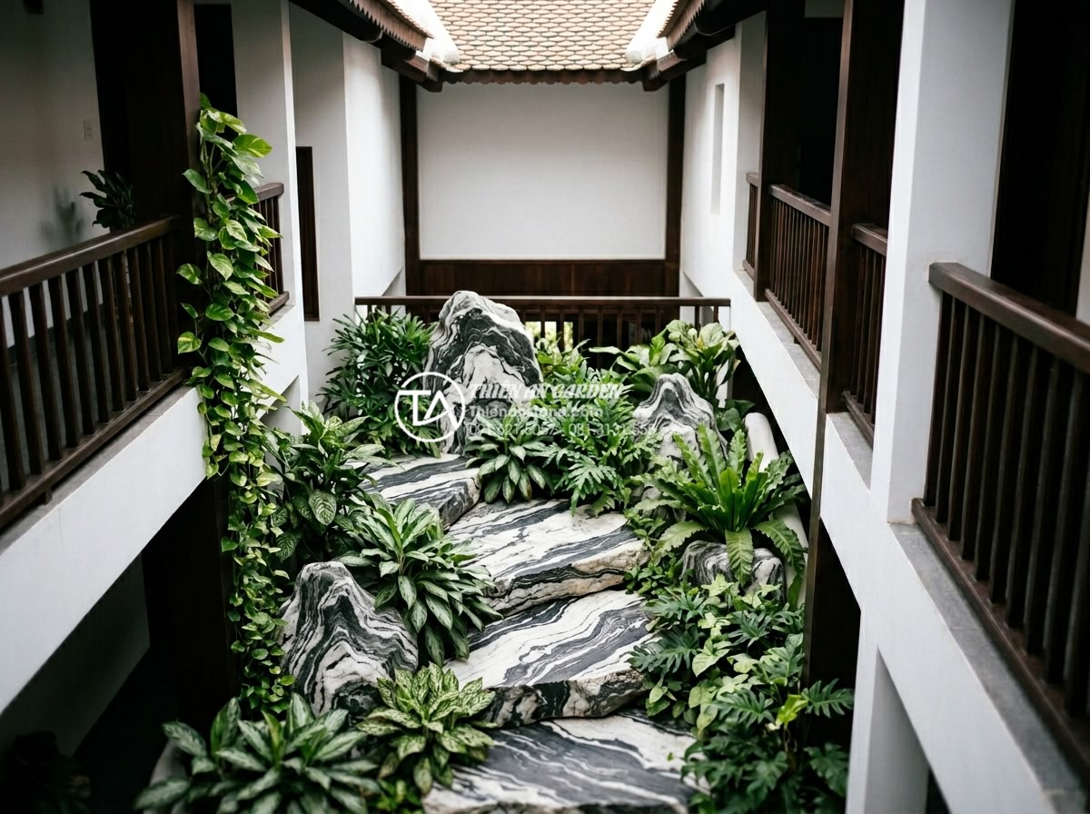 7 Loại cây trồng giếng trời ít ánh sáng cực dễ chăm sóc - Common mistakes illustration corrected with proper low light plants and stone ar