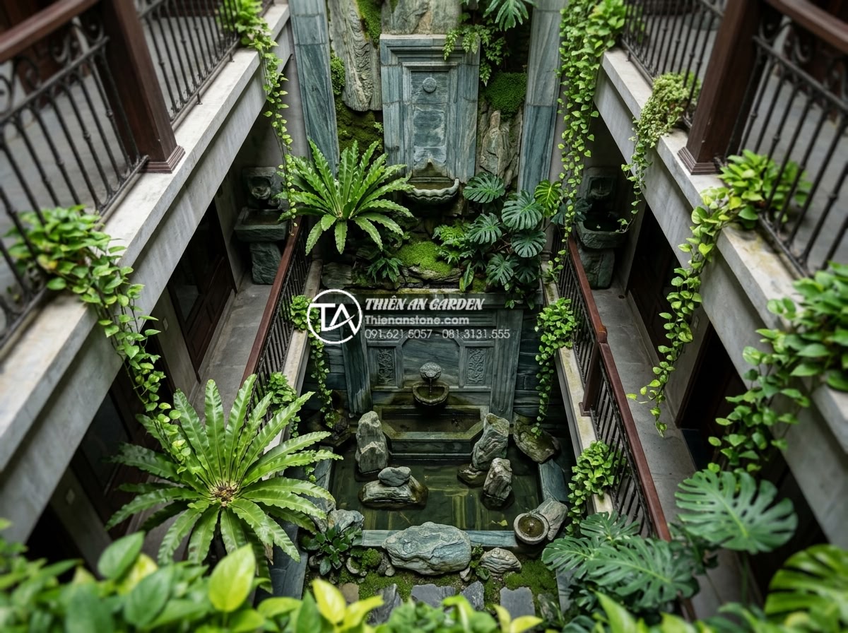 7 Loại cây trồng giếng trời ít ánh sáng cực dễ chăm sóc - Aerial perspective of a multi-level house sky well filled with low light plants,