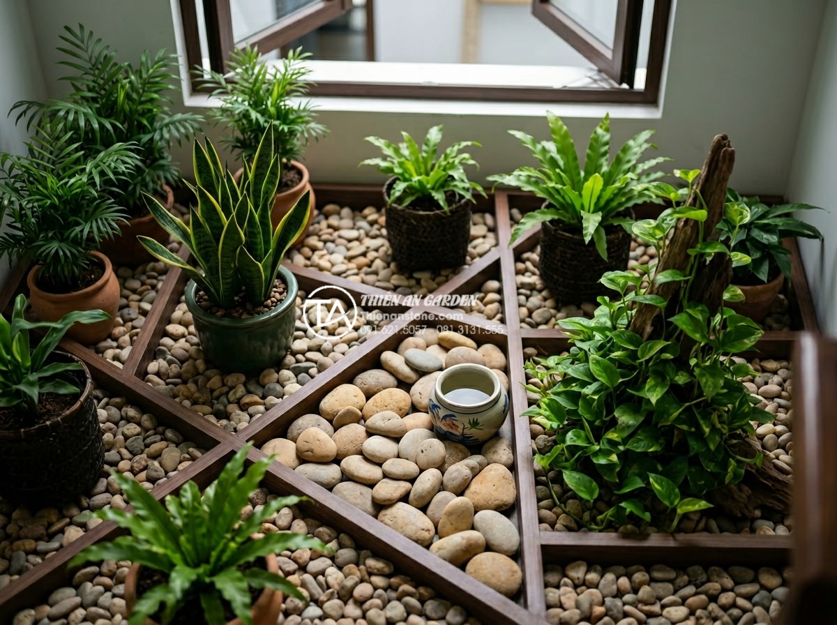 7 Loại cây trồng giếng trời ít ánh sáng cực dễ chăm sóc - Criteria checklist visualization with low light plants and stone decor elements 