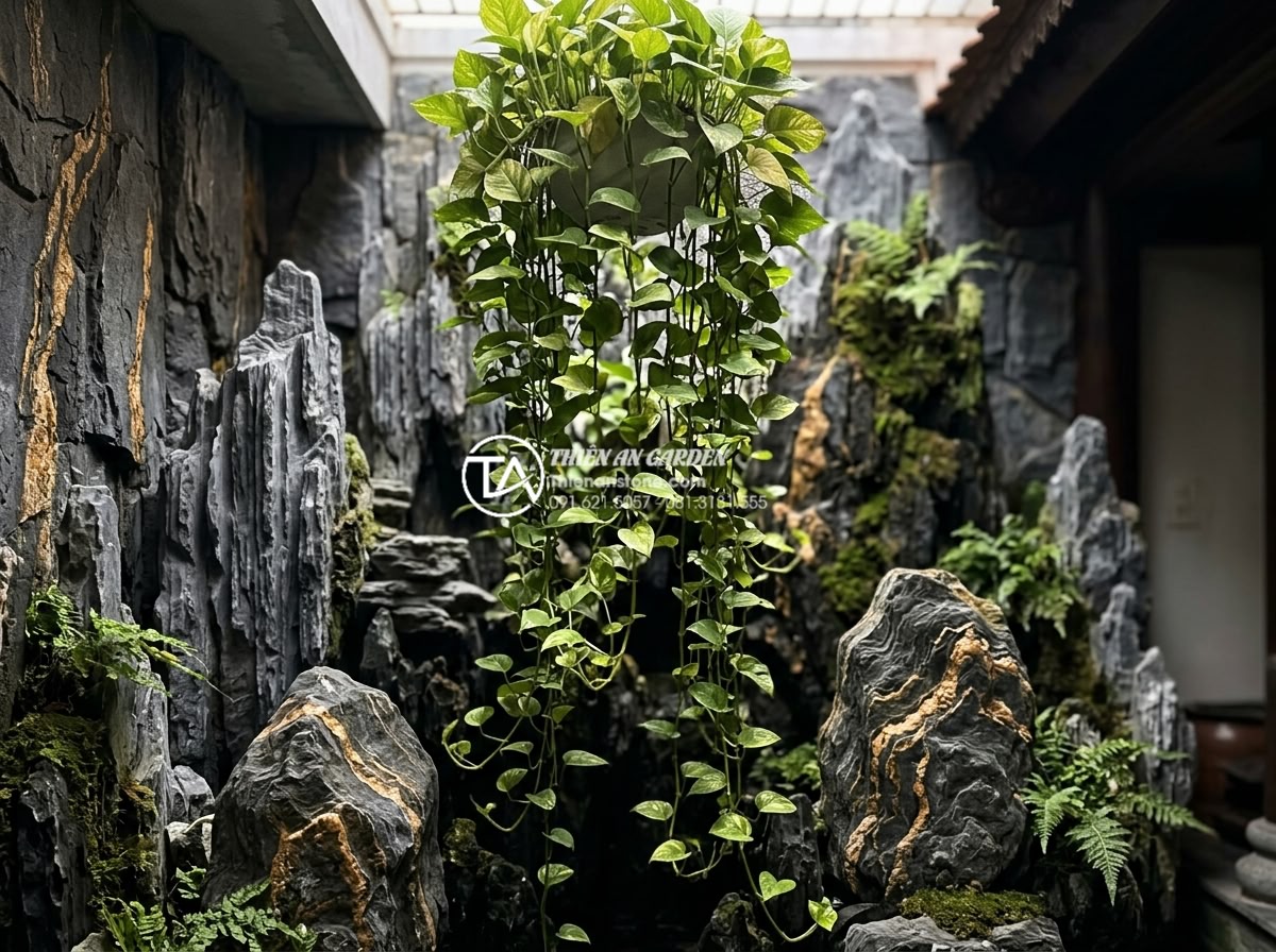 7 Loại cây trồng giếng trời ít ánh sáng cực dễ chăm sóc - Hanging pothos plant with cascading heart-shaped leaves in a dimly lit skywell f