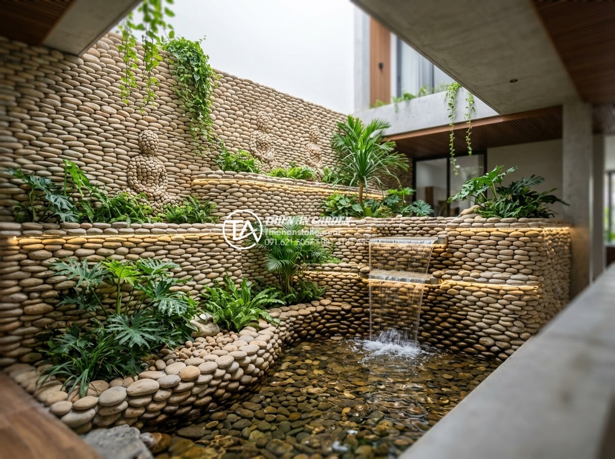 Báo giá thi công tiểu cảnh giếng trời trọn gói mới nhất 2026 - Modern skywell landscape with layered natural stone walls, carved stone statues,