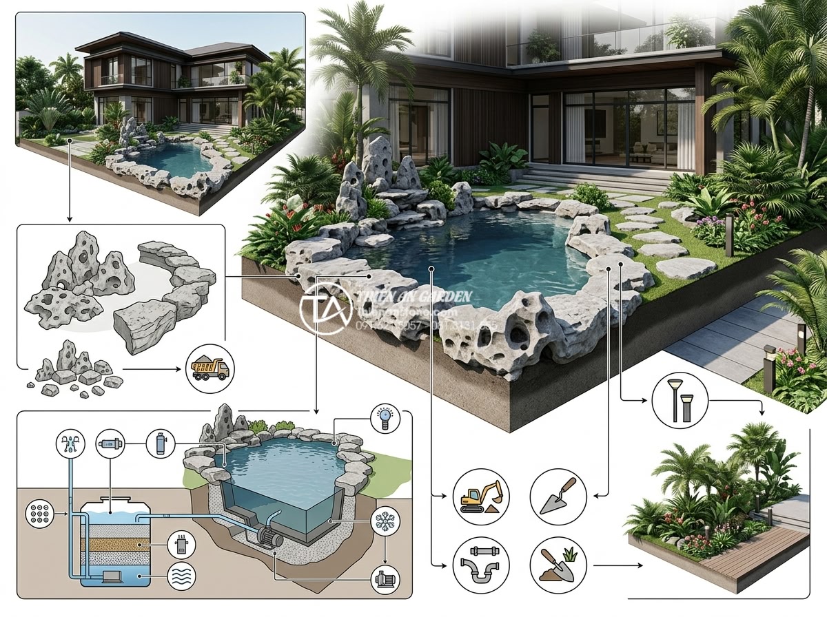 Báo giá thi công tiểu cảnh sân sau trọn gói mới nhất 2026 - Hình 2 Báo giá thi công tiểu cảnh sân sau trọn gói mới nhất 2026 - Detailed breakdown infographic of backyard landscape construction costs in Vietn