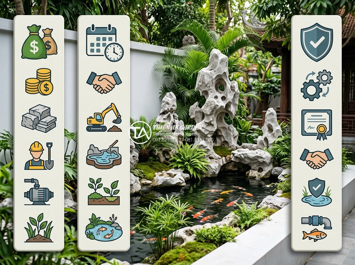 Báo giá thi công tiểu cảnh sân sau trọn gói mới nhất 2026 - Hình 9 Báo giá thi công tiểu cảnh sân sau trọn gói mới nhất 2026 - FAQ infographic about backyard landscape construction costs, timeline, warranty