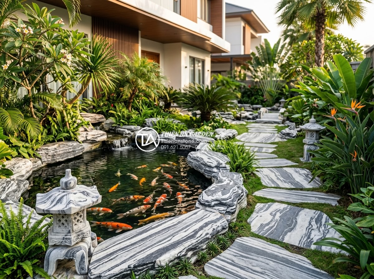 Báo giá thi công tiểu cảnh sân trước nhà chi tiết mới nhất 2026 - Professional high-resolution photograph of a luxurious modern Vietnamese villa f