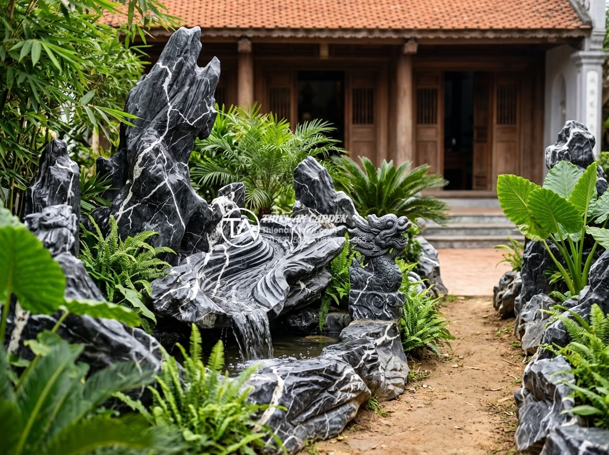 Báo giá thi công tiểu cảnh sân trước nhà chi tiết mới nhất 2026 - Stunning high-resolution image of a tropical Vietnamese front yard landscape des