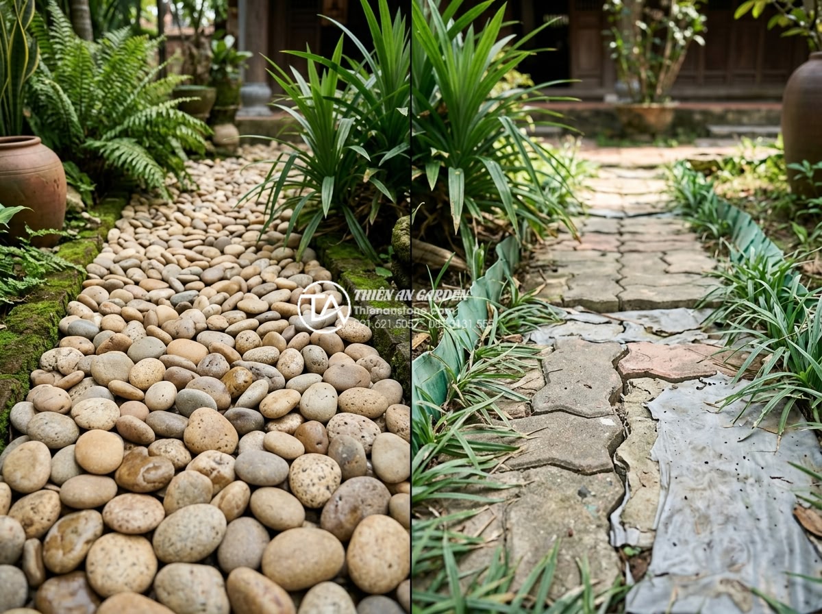 Báo giá thi công tiểu cảnh sân trước nhà chi tiết mới nhất 2026 - Comparative professional image showing side-by-side natural stone versus artific