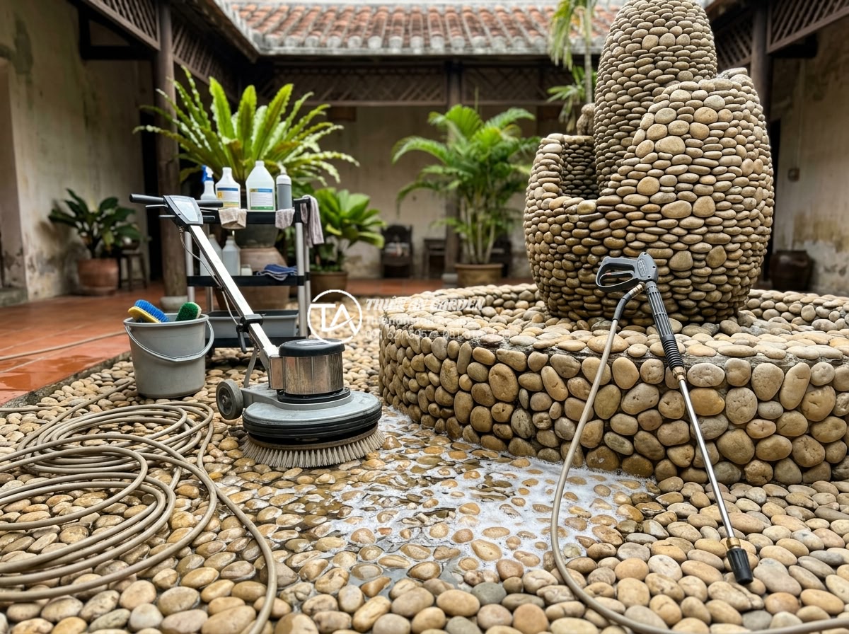 Bí quyết vệ sinh đá tự nhiên và cây xanh ở giếng trời luôn sạch đẹp - Hình 11 Bí quyết vệ sinh đá tự nhiên và cây xanh ở giếng trời luôn sạch đẹp - Professional deep cleaning process on marble and granite stones with specialized