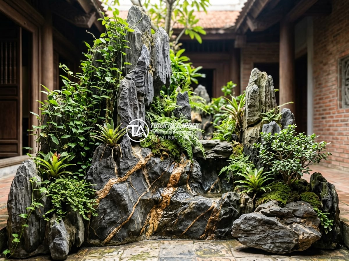 Bí quyết vệ sinh đá tự nhiên và cây xanh ở giếng trời luôn sạch đẹp - Hình 14 Bí quyết vệ sinh đá tự nhiên và cây xanh ở giếng trời luôn sạch đẹp - Healthy vibrant green foliage integrated seamlessly with natural stone elements