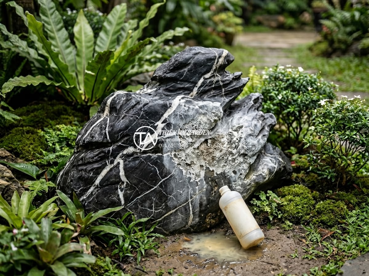 Bí quyết vệ sinh đá tự nhiên và cây xanh ở giếng trời luôn sạch đẹp - Hình 17 Bí quyết vệ sinh đá tự nhiên và cây xanh ở giếng trời luôn sạch đẹp - Common mistakes illustrated like using harsh chemicals on natural stone causing