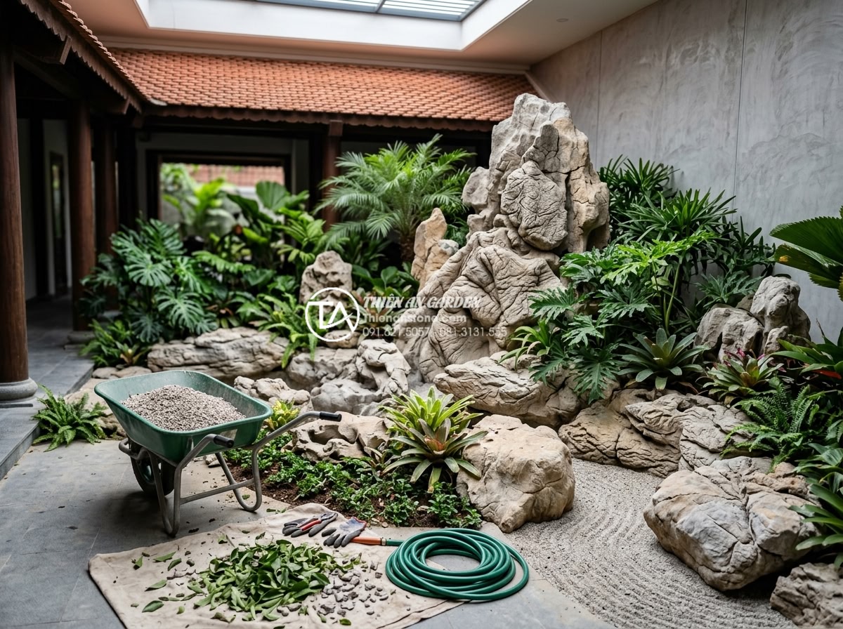 Bí quyết vệ sinh đá tự nhiên và cây xanh ở giếng trời luôn sạch đẹp - Hình 19 Bí quyết vệ sinh đá tự nhiên và cây xanh ở giếng trời luôn sạch đẹp - Professional team from stone company maintaining natural stone atrium landscape