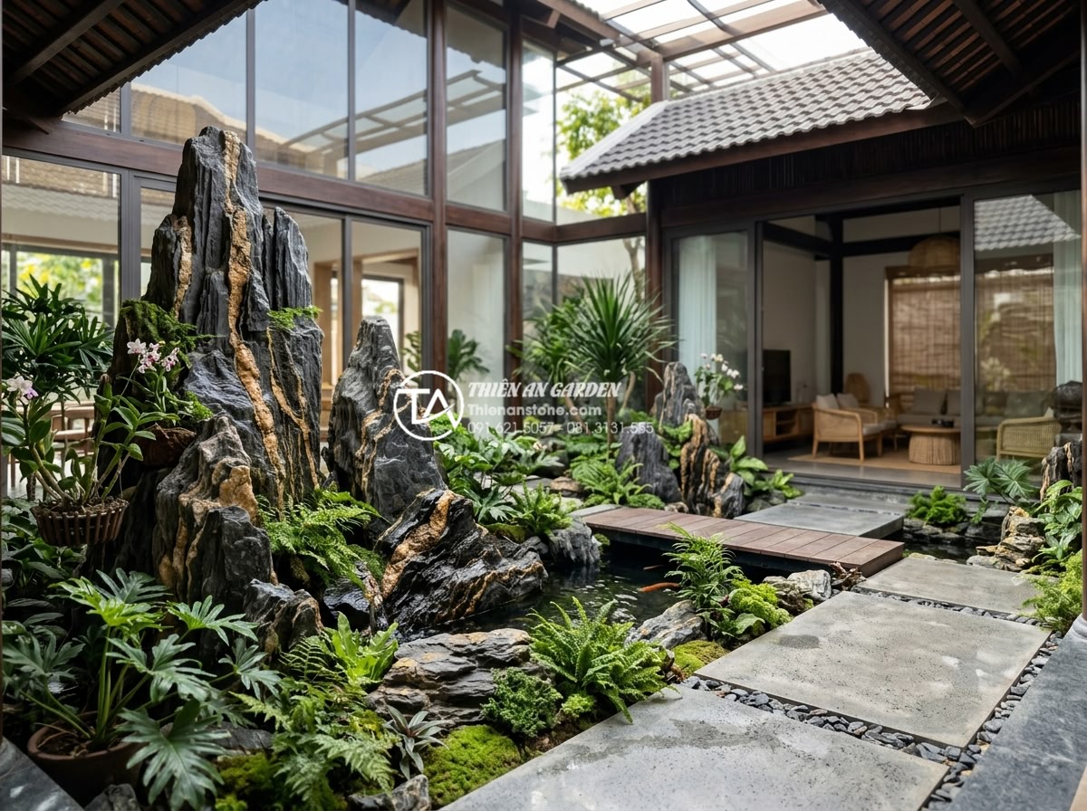 Bí quyết vệ sinh đá tự nhiên và cây xanh ở giếng trời luôn sạch đẹp - Hình 21 Bí quyết vệ sinh đá tự nhiên và cây xanh ở giếng trời luôn sạch đẹp - Integrated garden design with natural stones, plants and atrium features in luxu