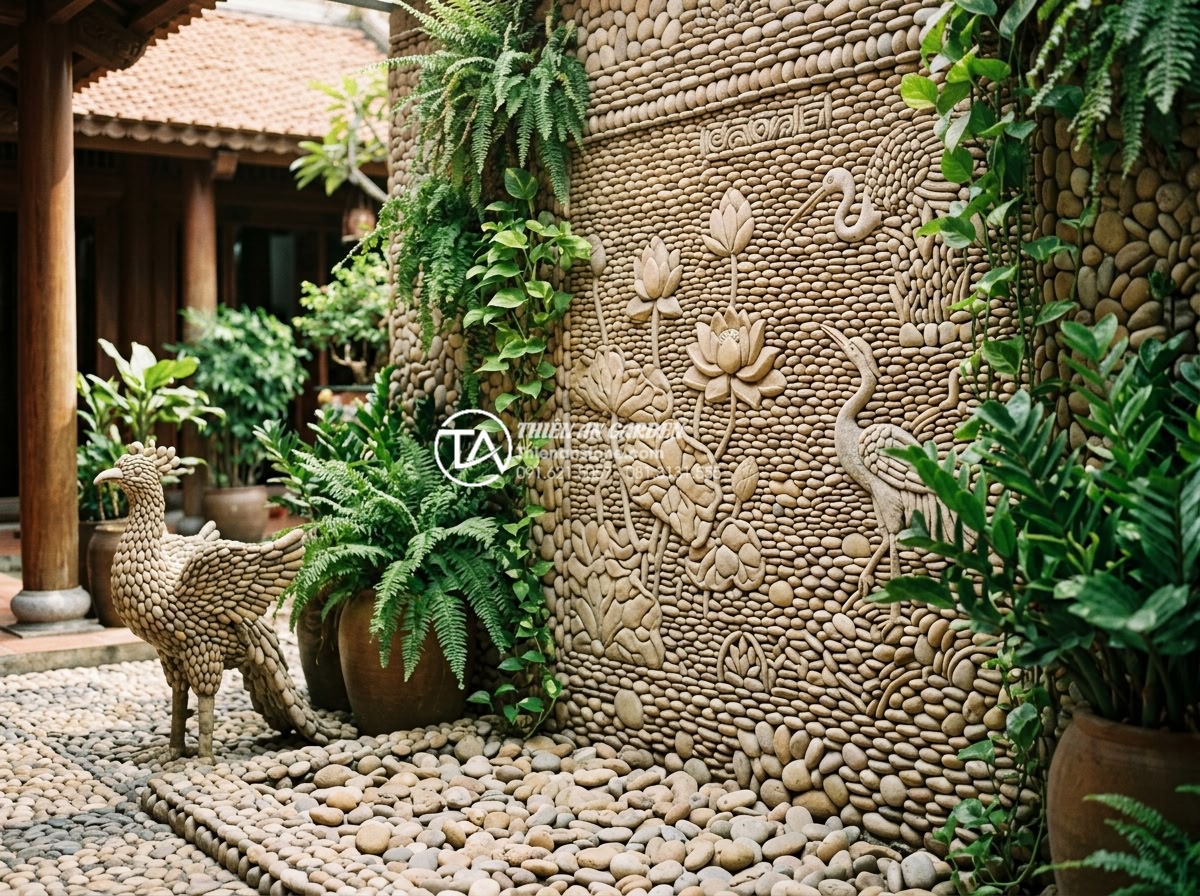 Bí quyết vệ sinh đá tự nhiên và cây xanh ở giếng trời luôn sạch đẹp - Hình 4 Bí quyết vệ sinh đá tự nhiên và cây xanh ở giếng trời luôn sạch đẹp - Detailed natural stone carvings and sculptures in an atrium setting, highlightin