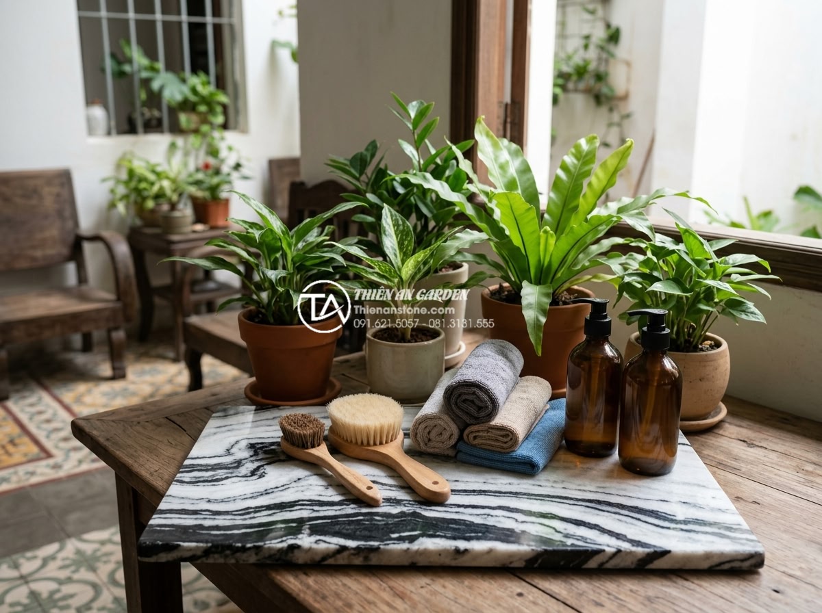Bí quyết vệ sinh đá tự nhiên và cây xanh ở giếng trời luôn sạch đẹp - Hình 8 Bí quyết vệ sinh đá tự nhiên và cây xanh ở giếng trời luôn sạch đẹp - Safe cleaning kit including soft brushes, microfiber cloths and natural stone cl