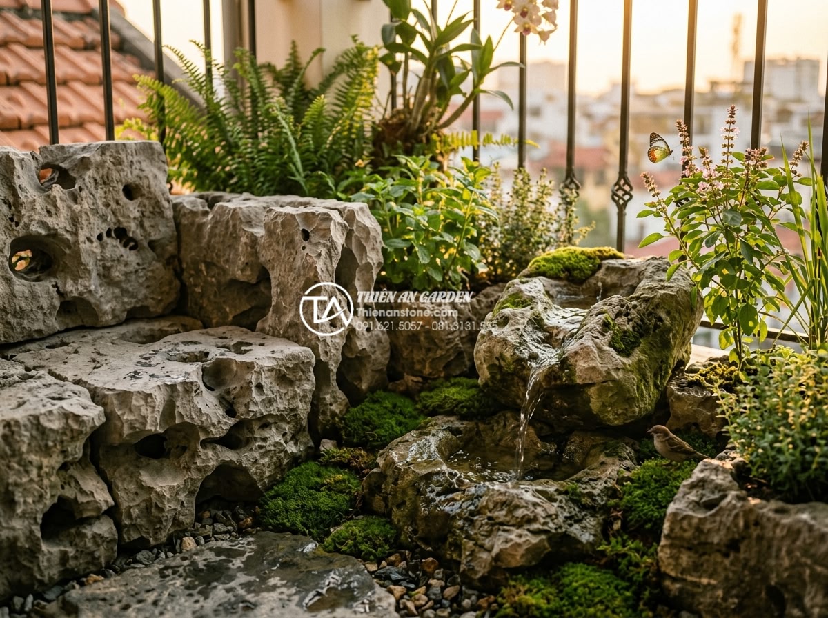 Biến ban công chung cư thành tiểu cảnh trước nhà mini: Ý tưởng và thực thi - Photorealistic close-up view of a wellness-focused mini balcony garden at golden