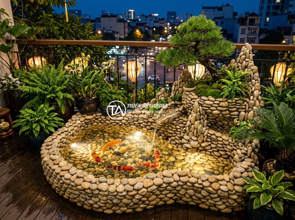 Biến ban công chung cư thành tiểu cảnh trước nhà mini: Ý tưởng và thực thi - Photorealistic evening view of a luxurious small balcony featuring a miniature k