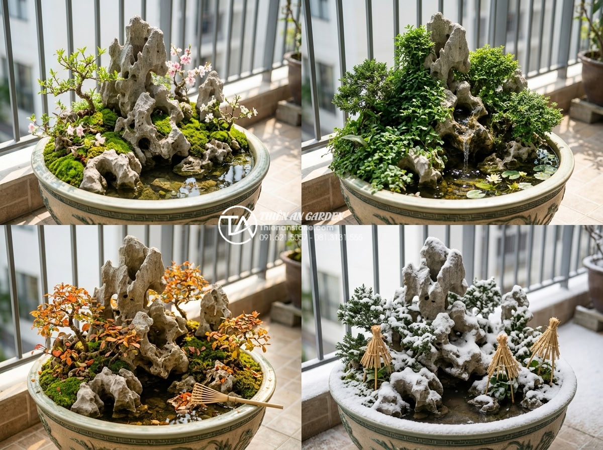 Biến ban công chung cư thành tiểu cảnh trước nhà mini: Ý tưởng và thực thi - Seasonal maintenance collage photorealistic image showing four panels of the sam