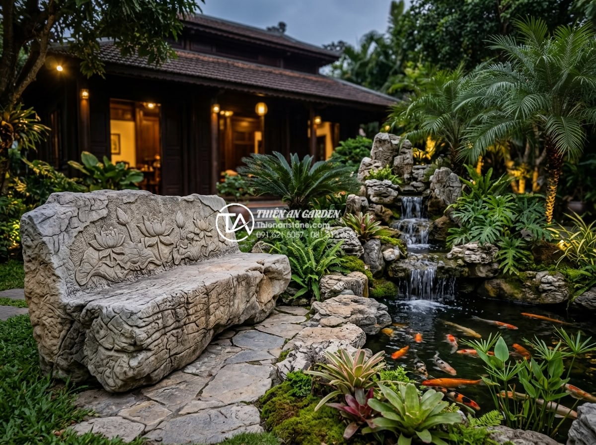 Bố trí ghế đá và khu vực thư giãn bên cạnh tiểu cảnh sân sau - Photorealistic image of a luxurious Vietnamese villa backyard featuring a hand-c