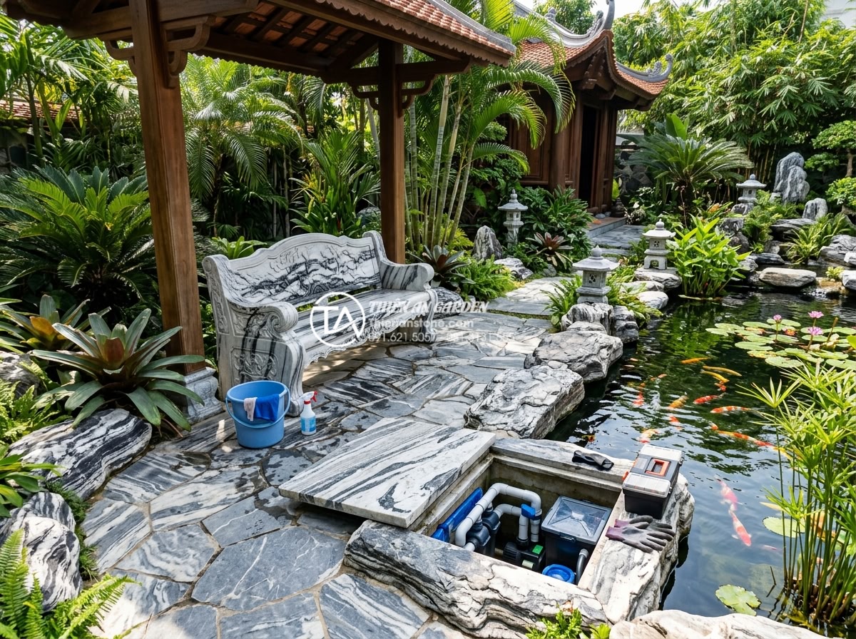 Bố trí ghế đá và khu vực thư giãn bên cạnh tiểu cảnh sân sau - Maintenance scene of beautiful stone garden showing technician cleaning carved g