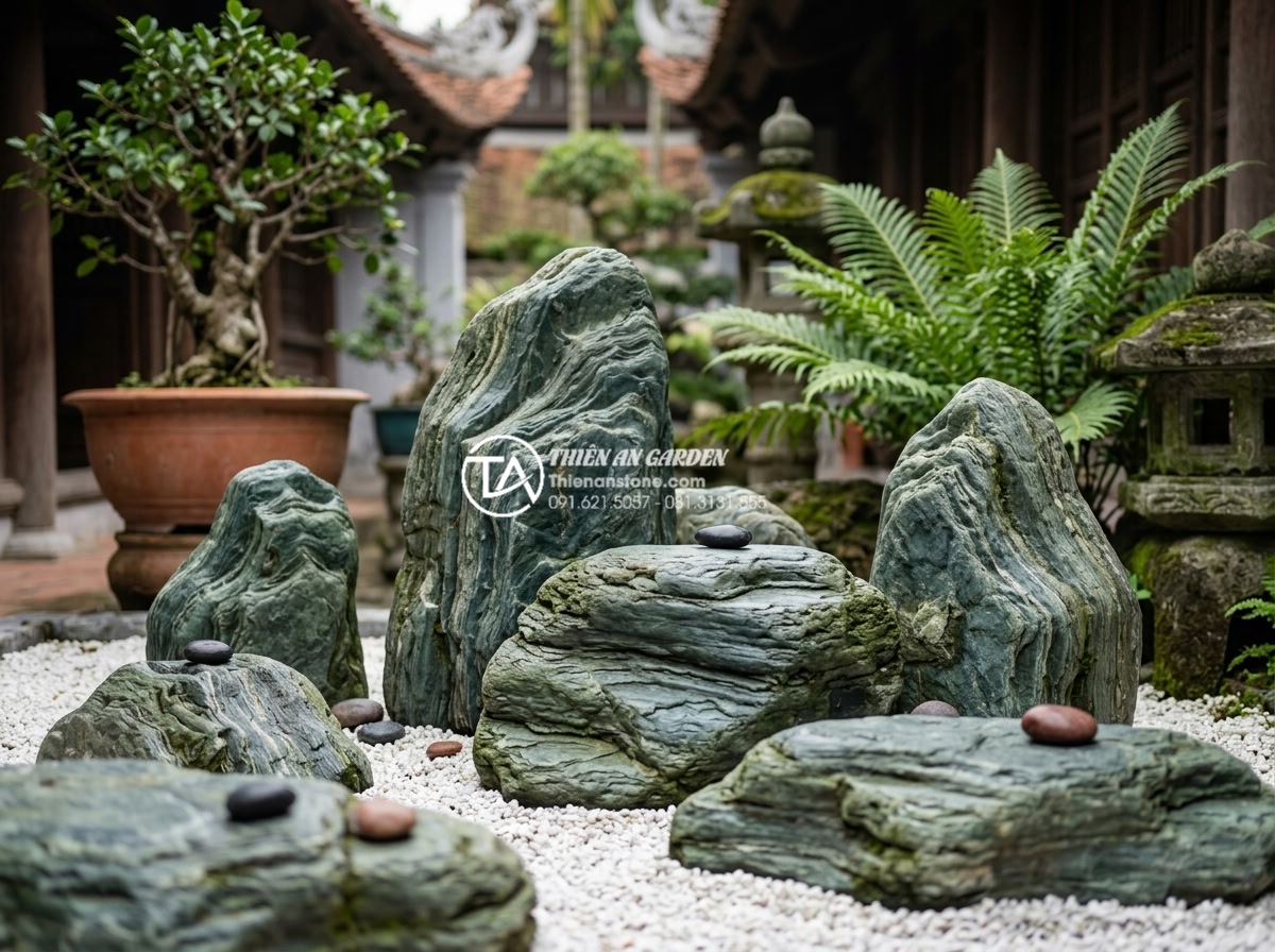 Cách chọn đá cuội và đá cảnh cho tiểu cảnh giếng trời khô - Feng shui stone arrangements in dry miniature garden with labeled positions and 