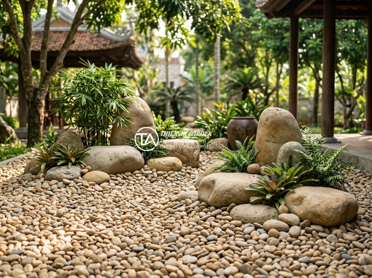 Cách chọn đá cuội và đá cảnh cho tiểu cảnh giếng trời khô - Harmonious combination of pebble stones and larger decorative rocks in dry garde