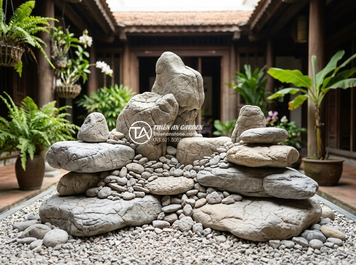 Cách chọn đá cuội và đá cảnh cho tiểu cảnh giếng trời khô - Layered stone arrangement showing perfect balance between small pebbles and scul
