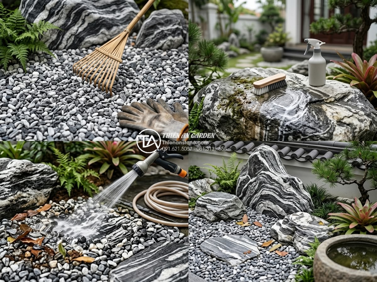 Cách chọn đá cuội và đá cảnh cho tiểu cảnh giếng trời khô - Maintenance tips illustration for cleaning and preserving pebble and decorative 
